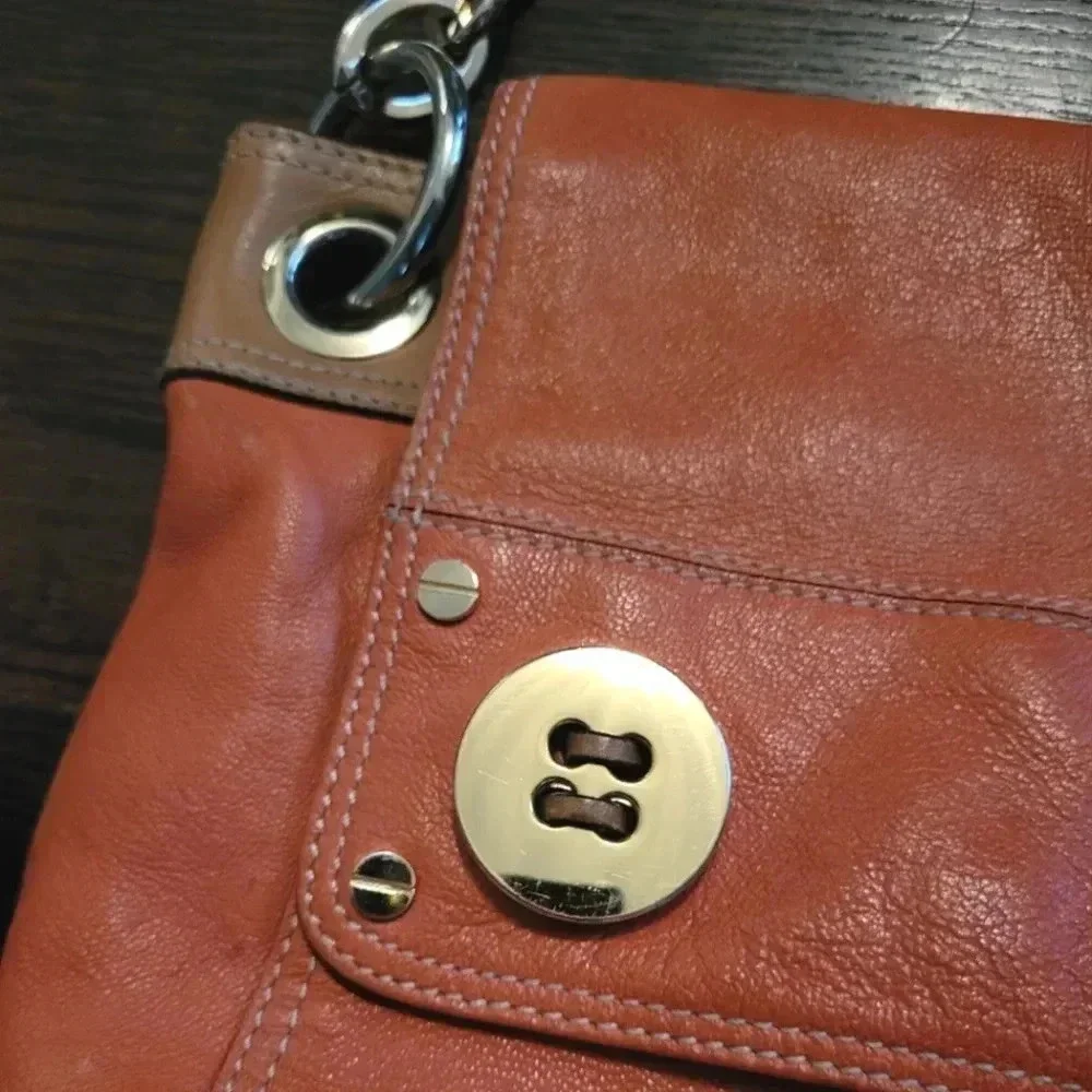 MILLY Orange tan soft leather gold chain link shoulder bag purse contemporary